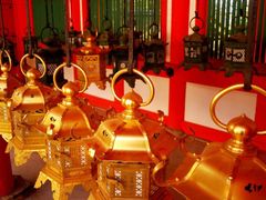 Golden lanterns in an ancient Japanese temple.