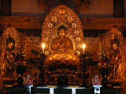 Golden Buddha statues in the prayer hall.