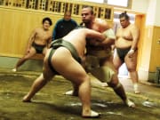 Sumo wrestlers at morning practice in Tokyo