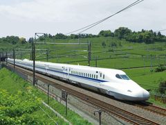 A Shinkansen bullet train zipping through Japan
