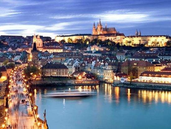 prague, night, cityscape, lights, Vltava River