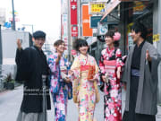 Japanese friends walking in kimono