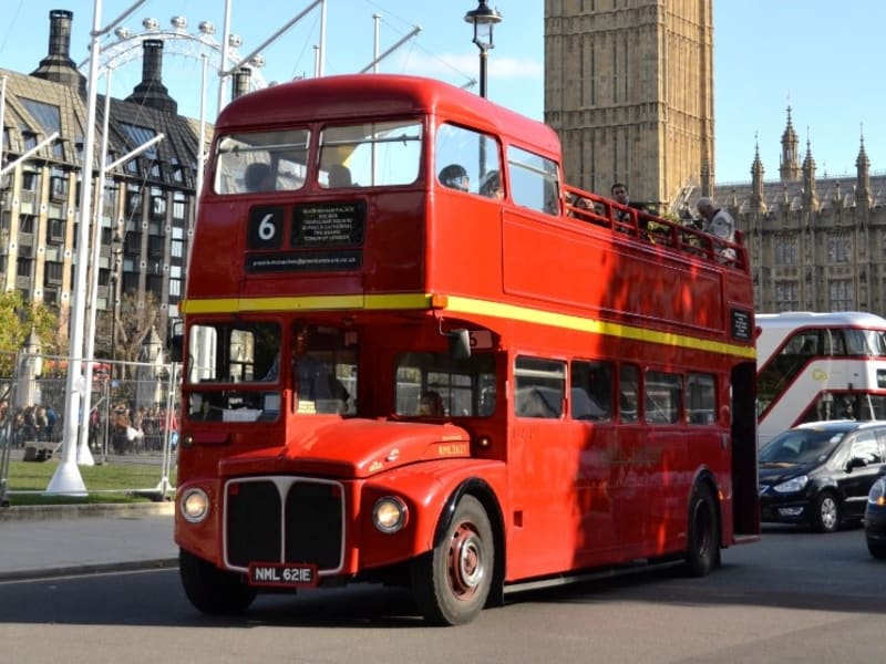 UK_London_Vintage Red Bus with London Eye