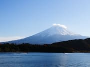 Lake Kawaguchi and Mt. Fuji on a clear blue day