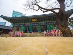 colorful flower wreaths oustide Jogyesa Temple