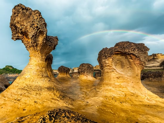 Yehliu Geopark rainbow above rock formations
