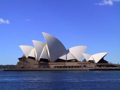sydney opera house with blue skies and blue sea