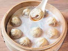 xiao long bao dumplings soup oozing out on spoon