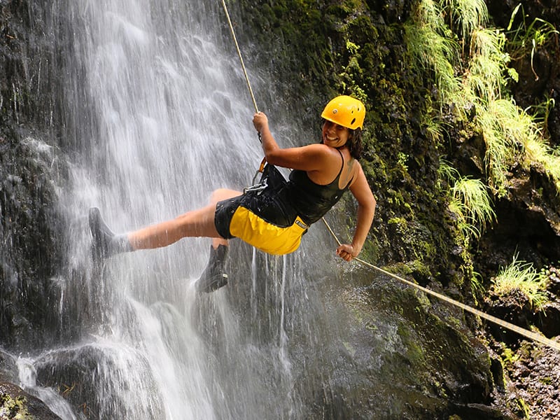 Glori, guide, on 50-foot falls