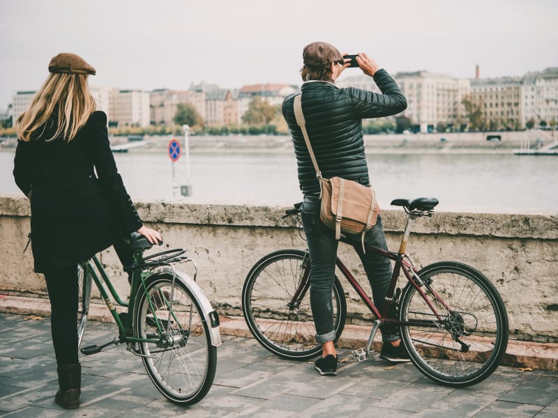 Tourists biking in Budapest