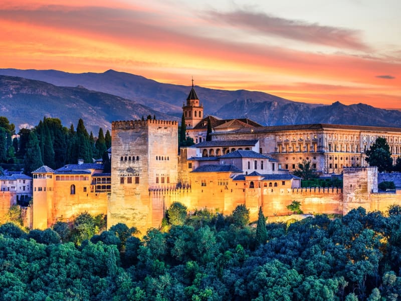 alhambra, granada, sunset
