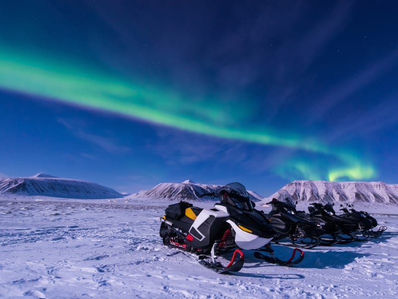 northern lights, snowmobile, aurora