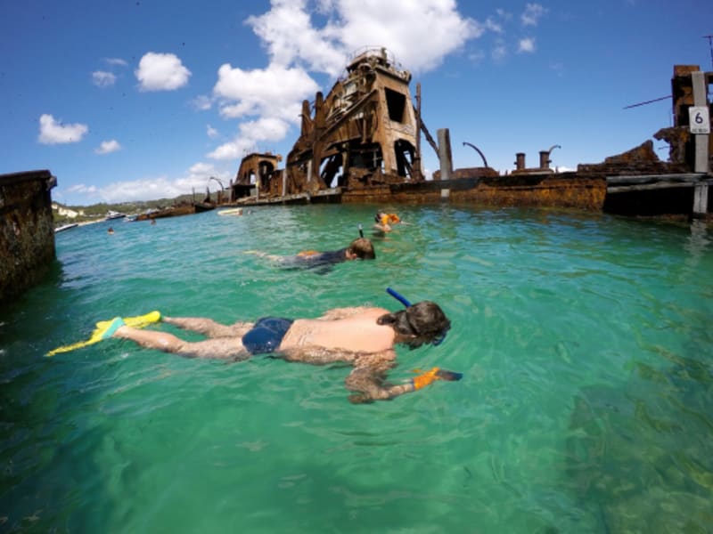 boys snorkeling at tangalooma shipwreck