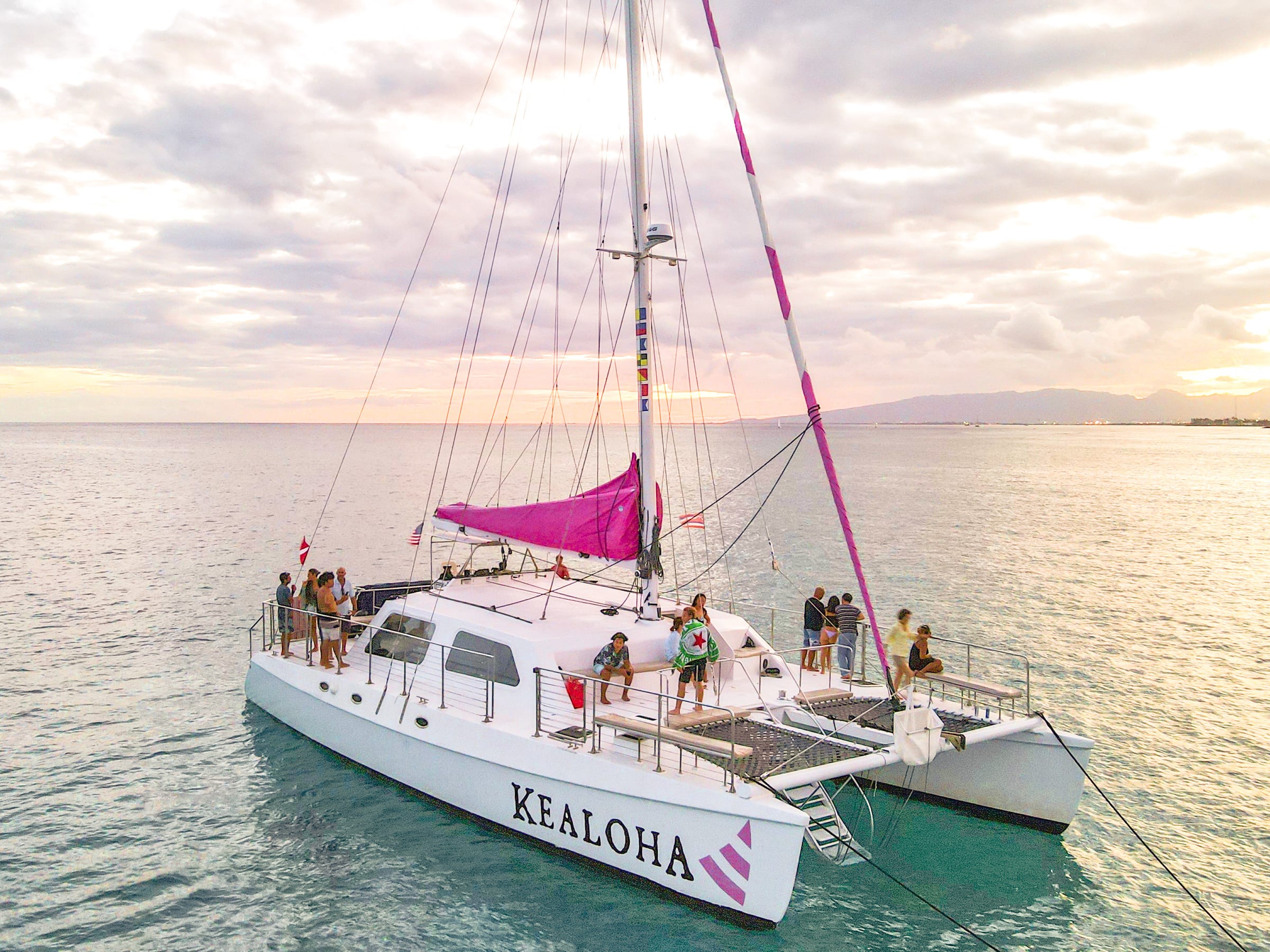 サンセットセーリング 象徴的なピンク色の帆を持つカタマラン船