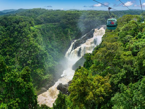 Barron Falls in flood with gondola