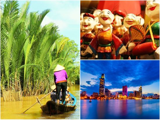 ホーチミン観光の決定版！メコン川クルーズ＋水上人形劇＋サイゴン川クルーズ　船内または人気店のディナー＜送迎／現地ガイド(日本語可)／象耳魚の昼食＋夕食＞