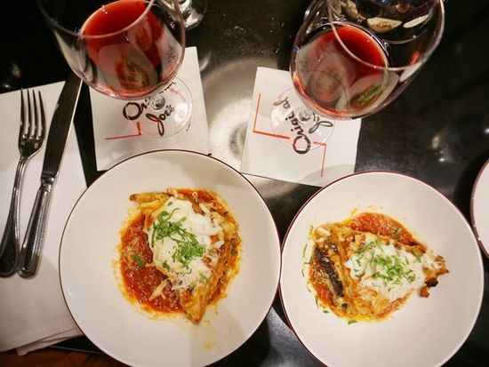 Yelp. North Beach. Eggplant parmesan with wine at Original Joe's