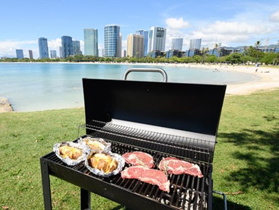 ビーチBBQランチツアー　開放感あふれるビーチでのBBQ　食材や道具の準備もお任せ　ワイキキ中心部DFSからの送迎付き＜昼／2時間／アラモアナビーチパーク＞