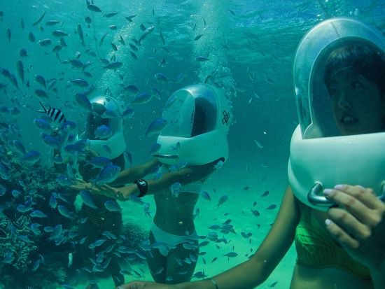 シーウォークで水中散歩！泳げない方も簡単に楽しく水中を探検できる！＜写真撮影無料／8歳～59歳まで参加可能／グリーン・フィンズ認定店／恩納村発＞