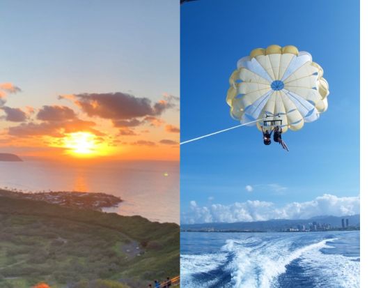 ダイヤモンドヘッド日の出ハイキング＋パラセーリングツアー　110ｍ～150ｍまで選べる高さは3種類！＜午前／ケワロ湾＞