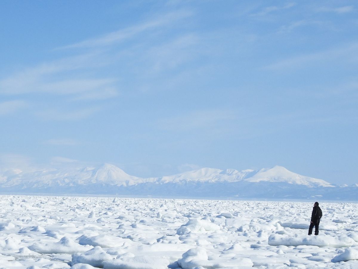冬のオホーツク海と知床連山の絶景を堪能する海岸スノーシュー