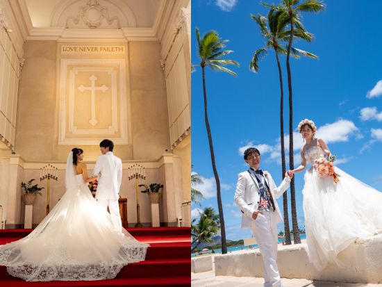ハワイ　ビーチ＆チャペルフォト　アラモアナビーチ＋セントラルユニオン大聖堂（撮影・衣装・メイク）