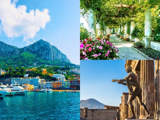 カプリ島＆世界遺産ポンペイ日帰り観光ツアー　カプリ地区＋アウグスト庭園＋ポンペイ遺跡　少人数グループプラン有＜英語／混載／往復送迎付／ナポリ発＞