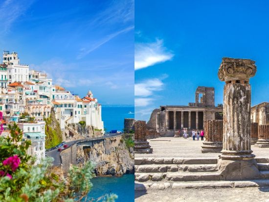 世界遺産ポンペイ＆アマルフィ海岸日帰り観光ツアー　絶景ドライブ＋アマルフィ自由時間＋ポンペイ遺跡見学＜英語ドライバー／混載／往路お迎え付／昼食付／ナポリ発＞