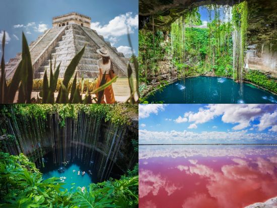 チチェン・イッツァ遺跡＋セノーテイキル＋ピンクレイク&ジャングルボート又はバジャドリード観光　カンクン3大観光地周遊ツアー＜昼食・送迎付／日本語ガイド＞