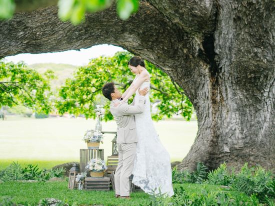 ハワイ　ガーデンフォト　モアナルアガーデン　「この木なんの木」をバックに撮影！ヘアメイク同行や追加カット撮影などのオプションもご用意（撮影・衣装・メイク）