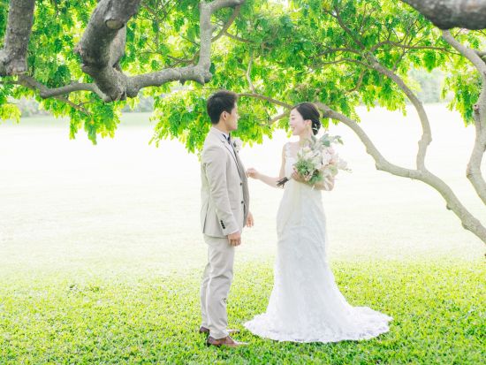 ハワイ　ガーデンフォト　モアナルアガーデン　「この木なんの木」をバックに撮影！ヘアメイク同行や追加カット撮影などのオプションもご用意（撮影・衣装・メイク）