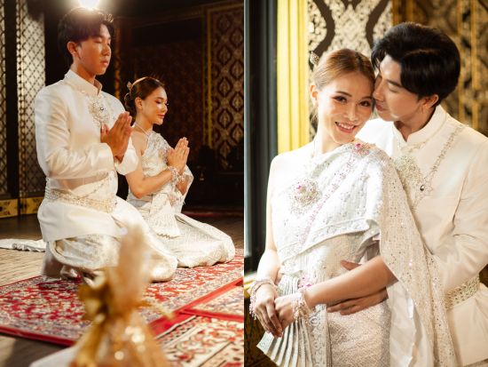 伝統衣装を着てフォトウェディング バンコク最古の寺院僧侶がスタジオへ出張し短縮版タイの結婚式を体験！＜日本語アシスタント／半日＞