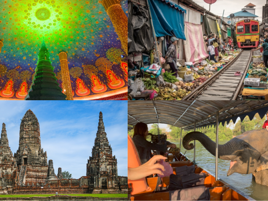 アユタヤ遺跡巡りとサンセット鑑賞＋メークロン線路市場＋ワットパクナム観光ツアー　メークロン乗車体験付き＜1日／昼食／日本語ガイド＞