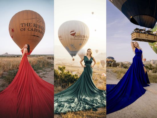 気球をバックに早朝のカッパドキアでドレス写真撮影＜貸切／3時間／送迎付き／日本語アシスタント付きプランあり／カッパドキア＞