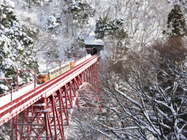 木彫りの雷鳥 黒部峡谷 （白銀の景色の中、新山彦橋をトロッコで
