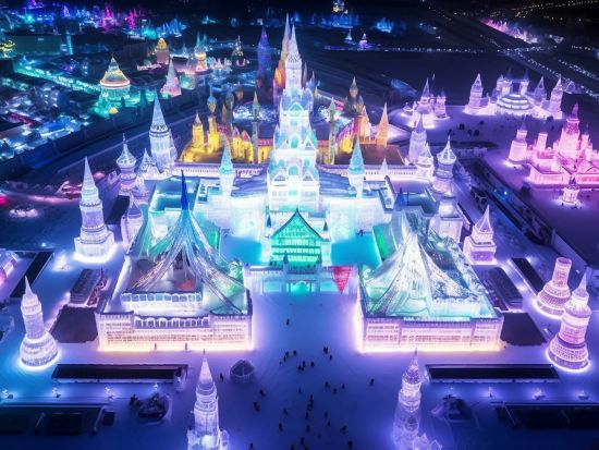 【時間限定】氷雪大世界と太陽島雪博会の氷雪祭りを巡るハルピン満喫1日ツアー～東北虎サファリパーク有無の2プランあり＜ホテル送迎／チケット予約付き／ハルピン発＞