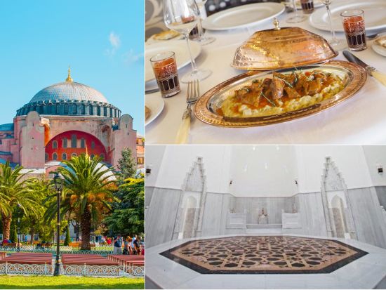【最強パッケージ】ミシュラン1つ星 宮廷料理ランチ＋高級ハマム「ヒュッレム・スルタン・ハマム」でのマッサージ体験（45分）＋アヤソフィア入場券
