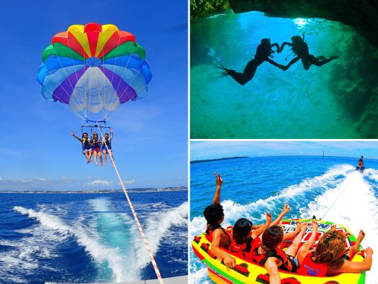 《沖縄3大アクティビティ全部体験！》贅沢セット！青の洞窟シュノーケリング＆絶景パラセーリング＆絶叫ウォータートイ＜ボート/ショップ設備利用可/恩納村発＞