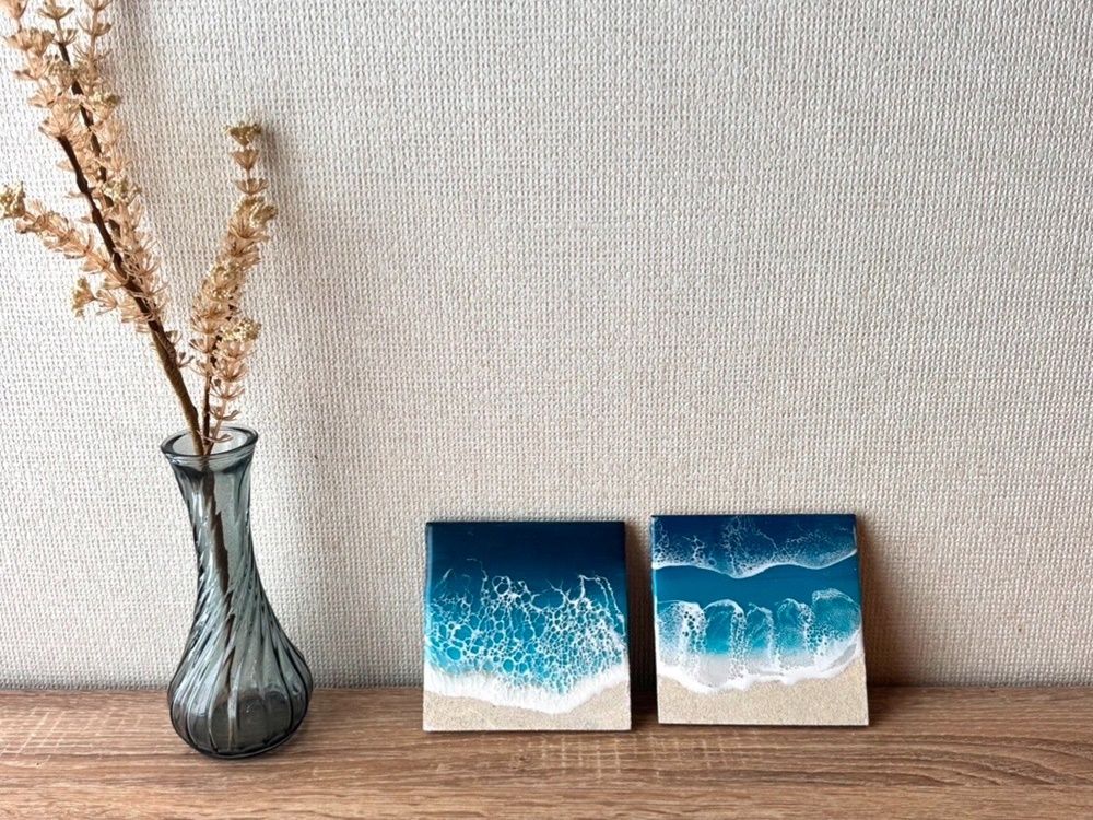 53㎝　レジンアート　海　プルメリア　絵画　原画　まあちゃんとなります レジンアート体験 宮古島の美しい「海」を描く -コースター・ウミガメ