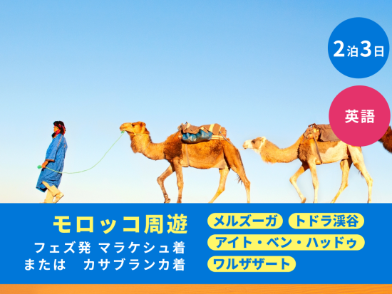 2泊3日 モロッコ周遊ツアー サハラ砂漠ほか4か所観光＜フェズ発マラケシュまたはカサブランカ着／英語＞