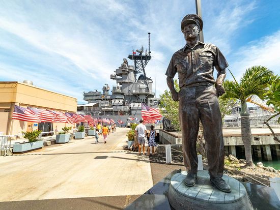 USS Missouri Nimitz Statue at Entrance Pearl Harbor Oahu
