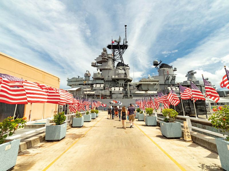 USS Missouri Flags and Entrance Vsitors Pearl Harbor Oahu