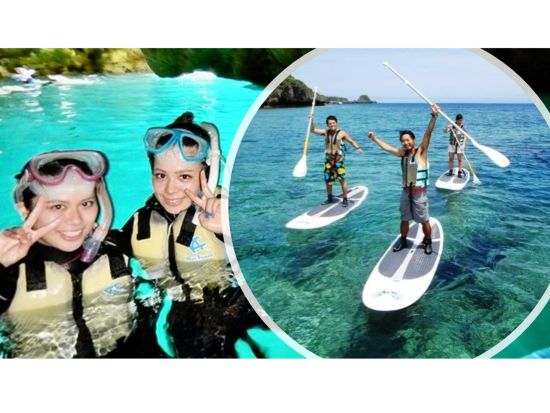 青の洞窟 シュノーケリング+SUP エメラルドの海を漕ぎ出し神秘の洞窟へ！絶景の海上散歩＆洞窟探検＜ビーチ／ショップ設備利用可／恩納村発＞