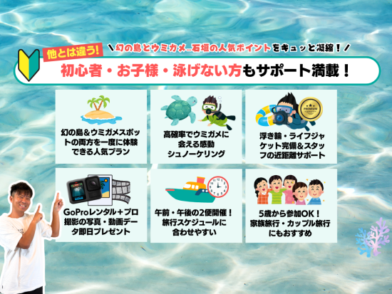 幻の島上陸＆ウミガメ or マンタシュノーケリング  半日で人気スポットを巡れる◎GoProレンタルあり＜約3時間／送迎付／石垣島＞