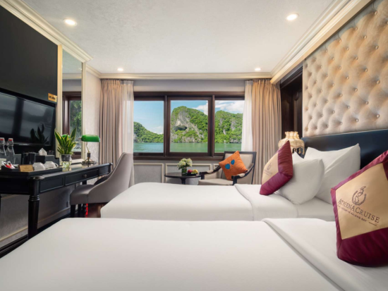 2大世界遺産を巡る！ハロン湾＋チャンアン1泊2日クルーズ　アテナ号　水面を渡る豪華ホテル！全室バルコニー付き　4/30限定のお得プラン有り＜日本語ガイド＞