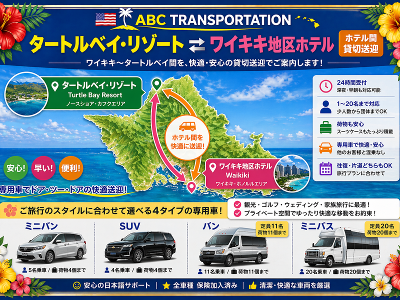 8-3.ワイキキ地区ホテル⇔タートルベイ・リゾート　ホテル間貸切送迎サービス＜1〜20名＞
