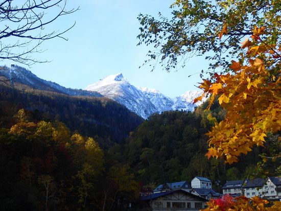 層雲峡園地　雪山と紅葉　層雲峡観光協会中嶋MR提供　