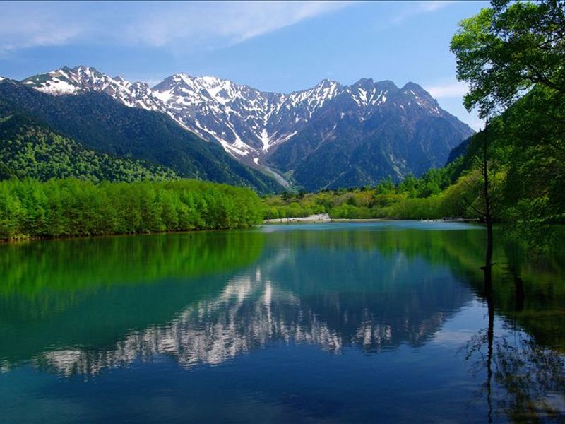 夏の上高地大正池からの穂高連峰_web
