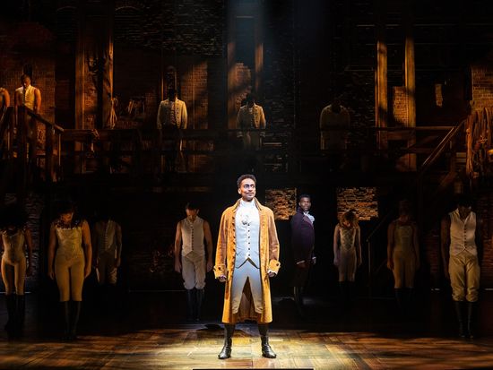 HAMILTON. Alex Sawyer (Alexander Hamilton), Jay Perry (Aaron Burr) and Company. Photo Danny Kaan